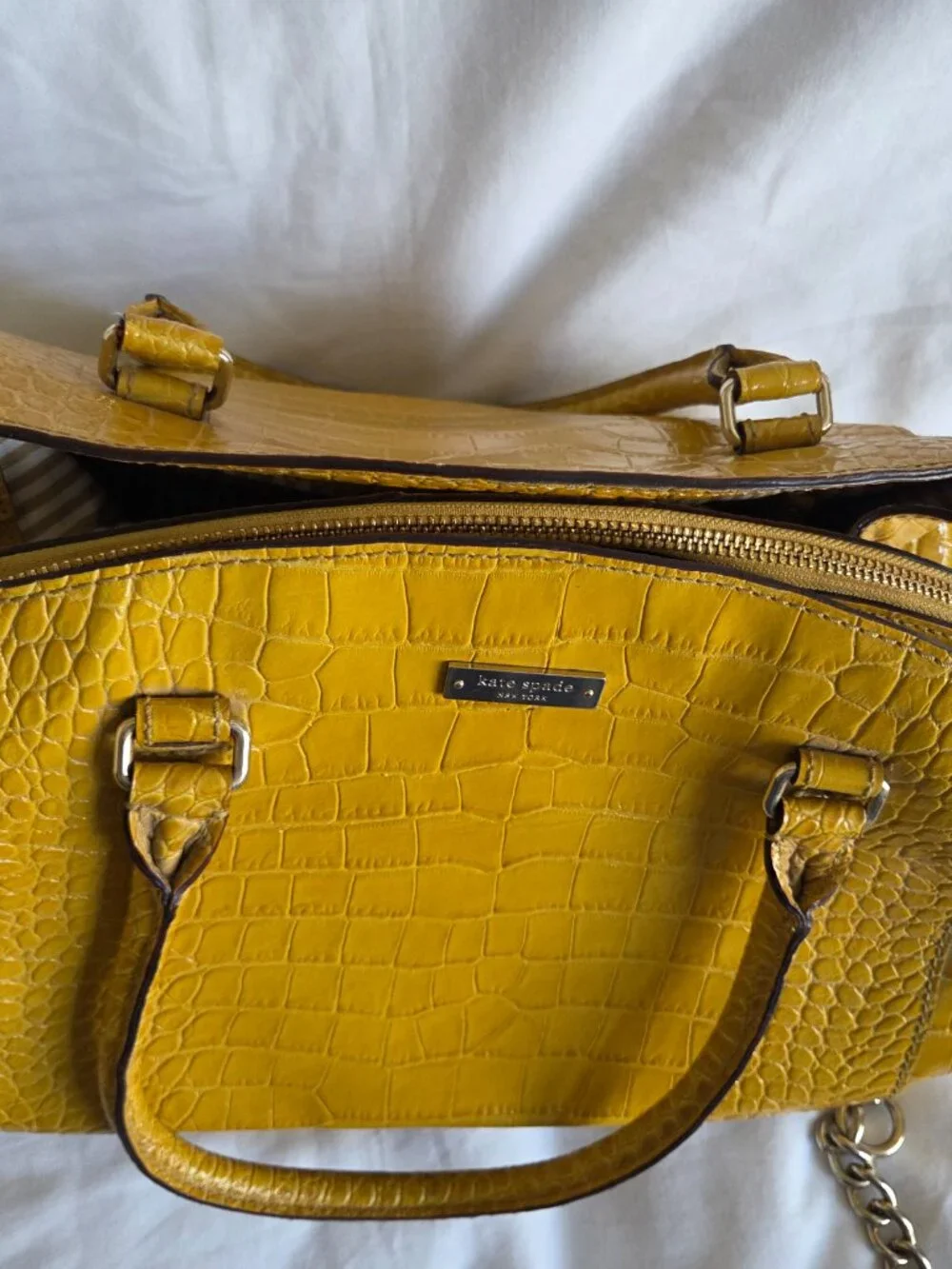 VINTAGE Kate Spade Mustard Yellow Patent Leather Crocodile Embossed Satchel